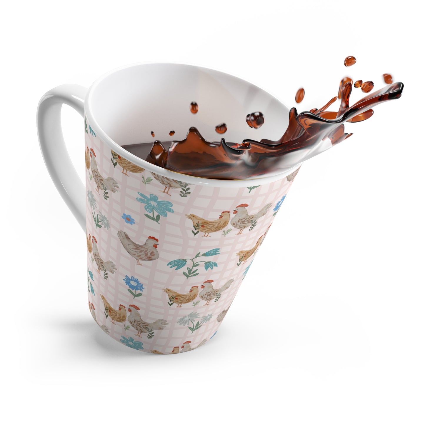 Chicken Pattern Latte Mug — Farmhouse Floral Coffee Cup