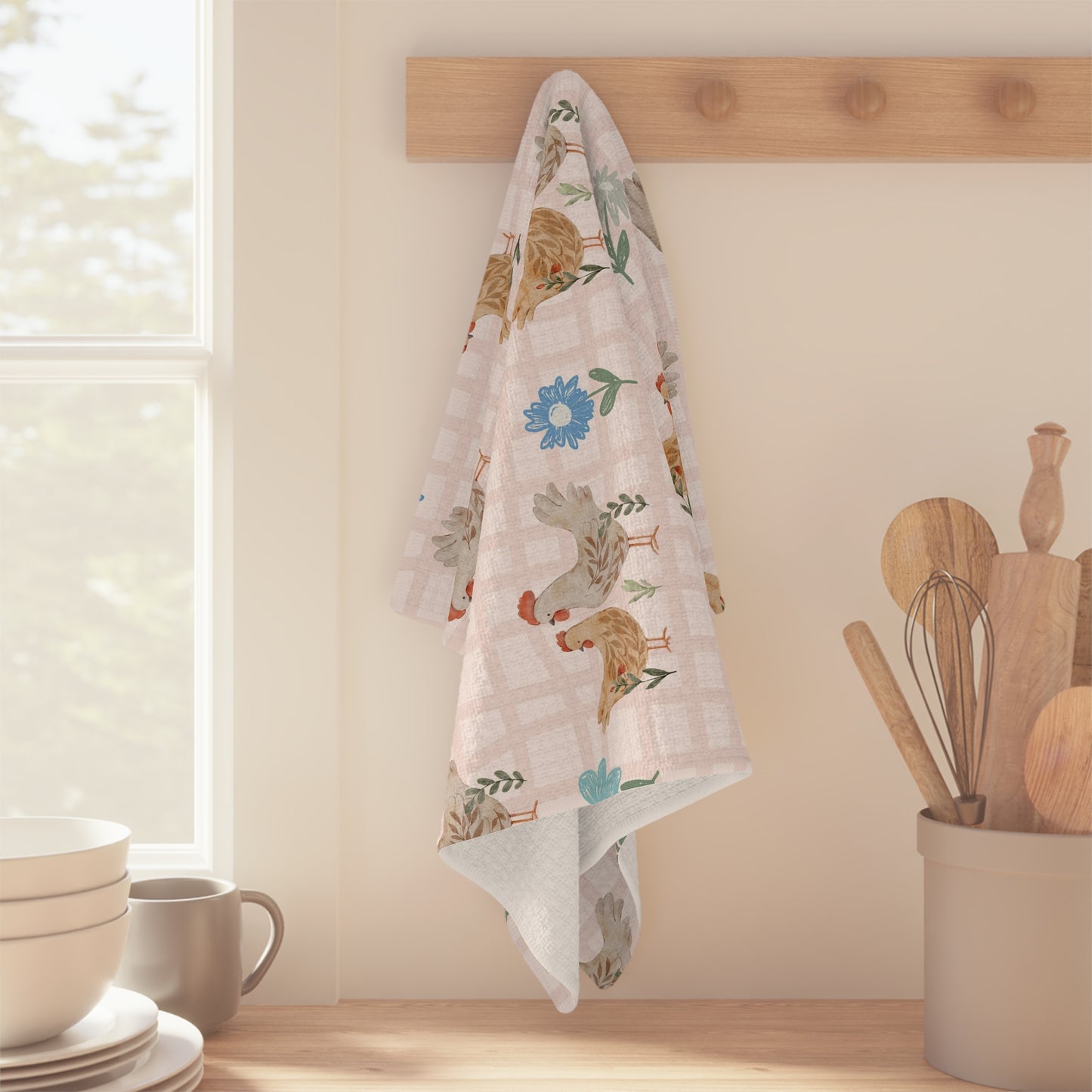 Country Chickens Microfiber Tea Towel — Farmhouse Kitchen Towel with Floral Plaid