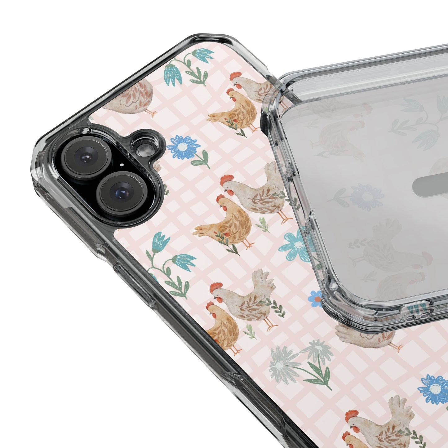 Clear Magnetic Phone Case — Pastel Farmyard Chickens Pattern