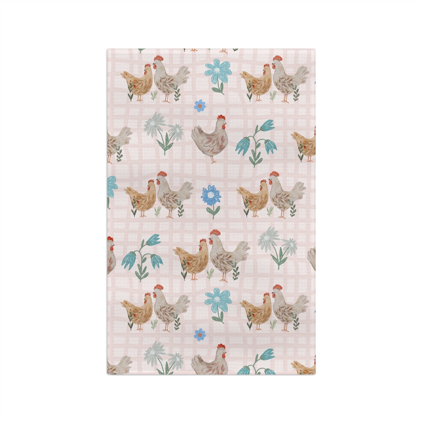 Country Chickens Microfiber Tea Towel — Farmhouse Kitchen Towel with Floral Plaid