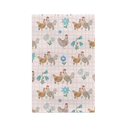 Country Chickens Microfiber Tea Towel — Farmhouse Kitchen Towel with Floral Plaid