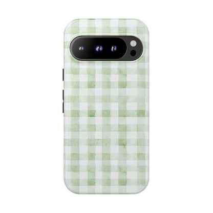 Green Gingham Tough Phone Case — Durable Plaid iPhone Protective Cover