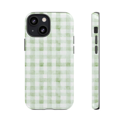 Green Gingham Tough Phone Case — Durable Plaid iPhone Protective Cover