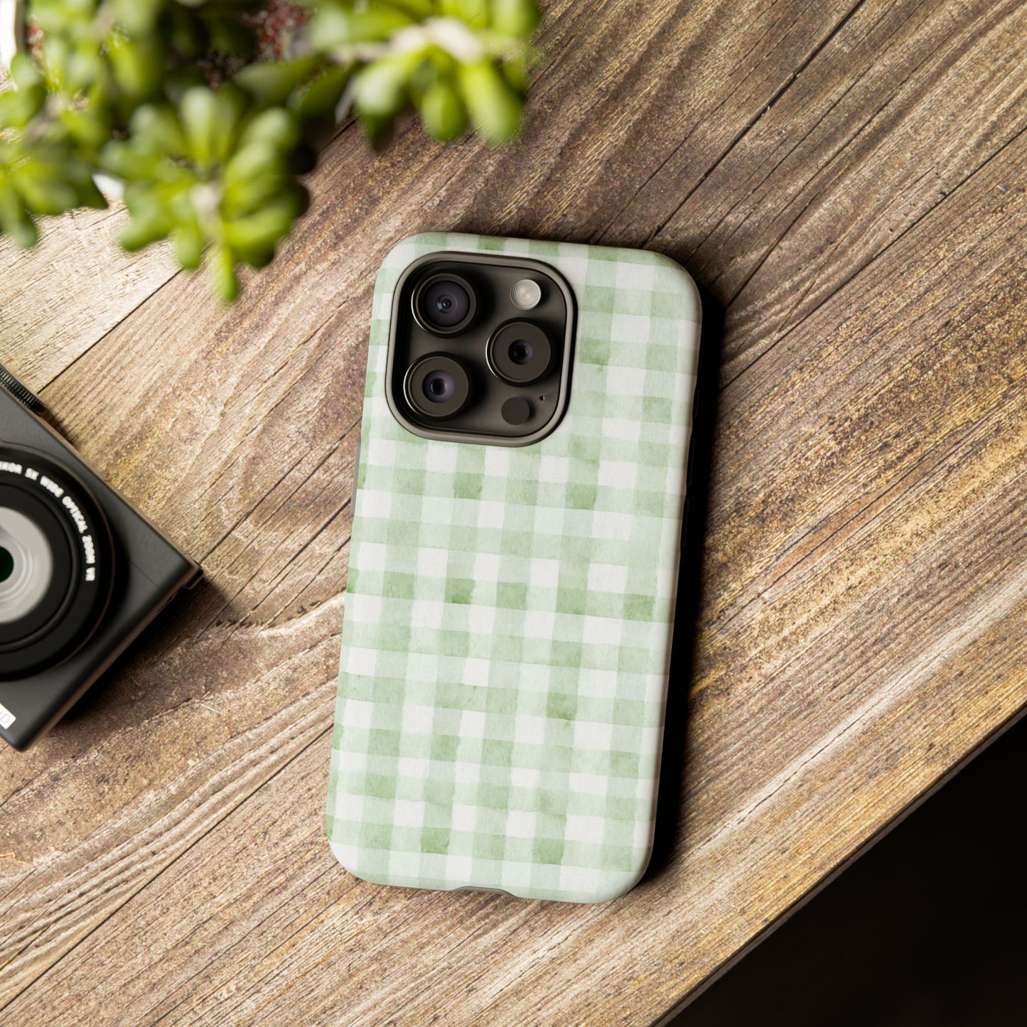 Green Gingham Tough Phone Case — Durable Plaid iPhone Protective Cover