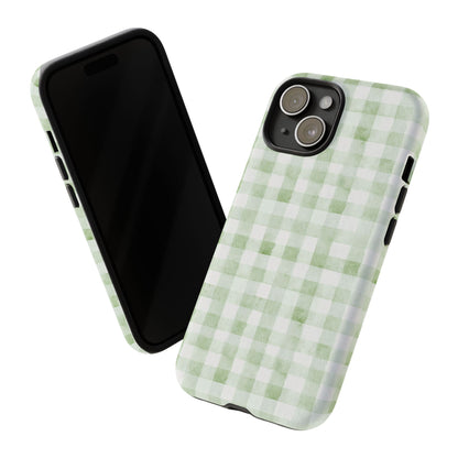 Green Gingham Tough Phone Case — Durable Plaid iPhone Protective Cover