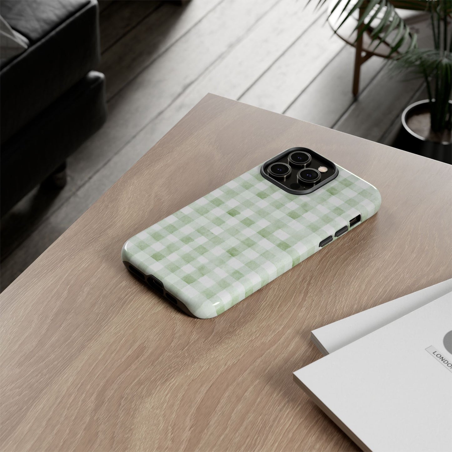 Green Gingham Tough Phone Case — Durable Plaid iPhone Protective Cover