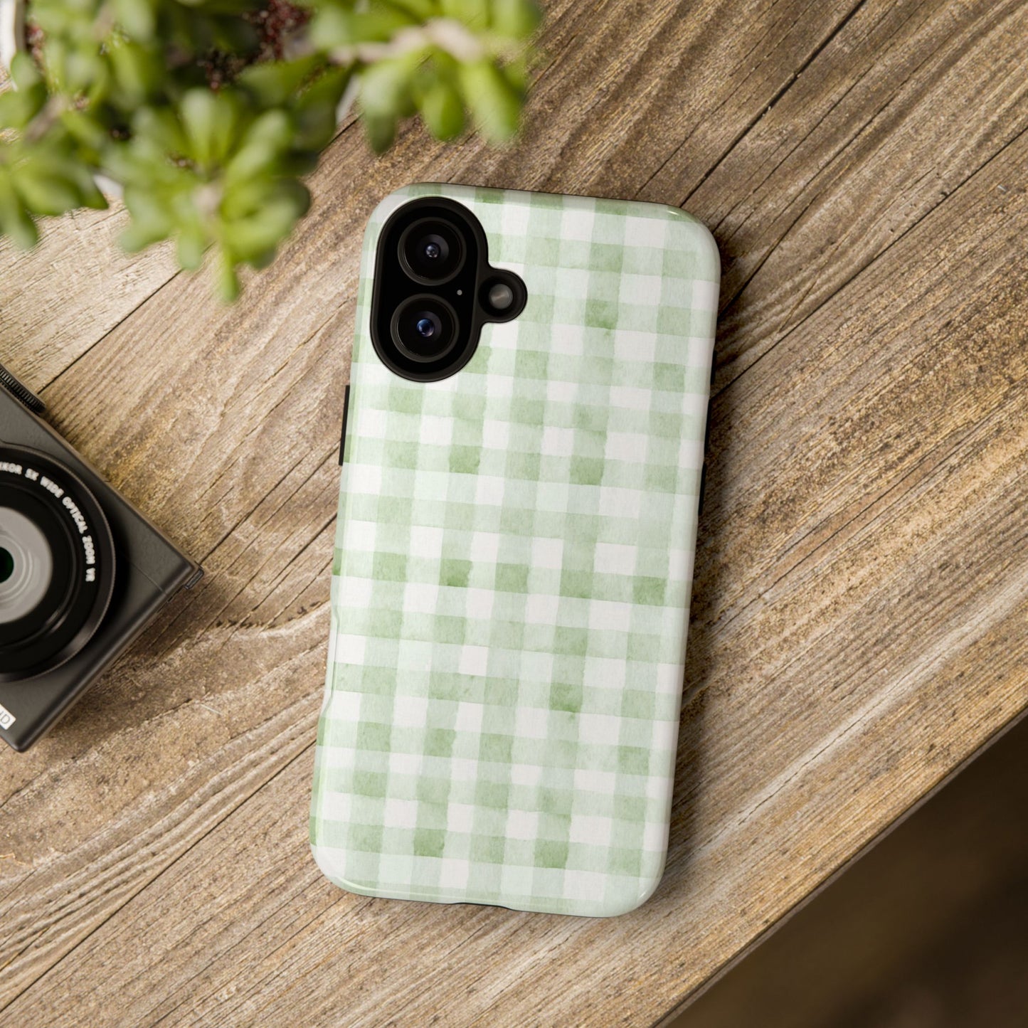 Green Gingham Tough Phone Case — Durable Plaid iPhone Protective Cover