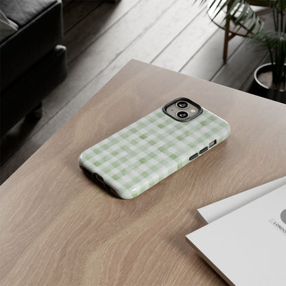 Green Gingham Tough Phone Case — Durable Plaid iPhone Protective Cover