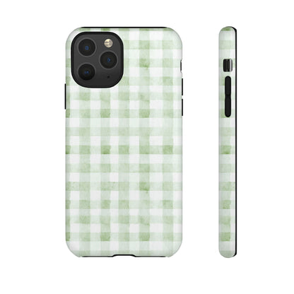 Green Gingham Tough Phone Case — Durable Plaid iPhone Protective Cover