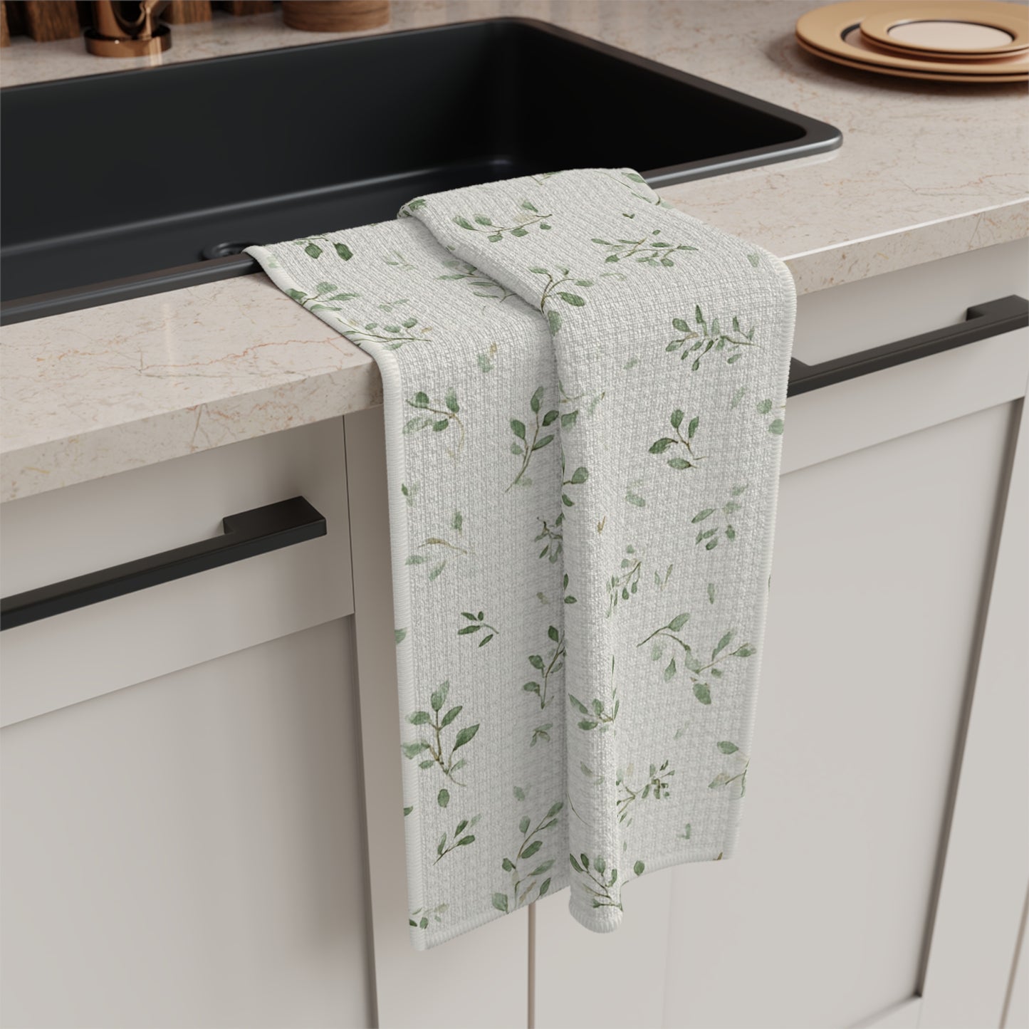 Botanical Sprig Microfiber Tea Towel — Green Leaf Kitchen Towel