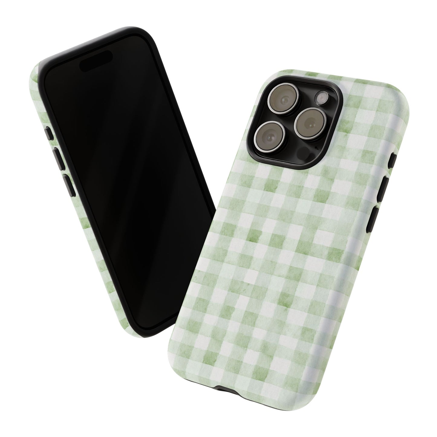 Green Gingham Tough Phone Case — Durable Plaid iPhone Protective Cover