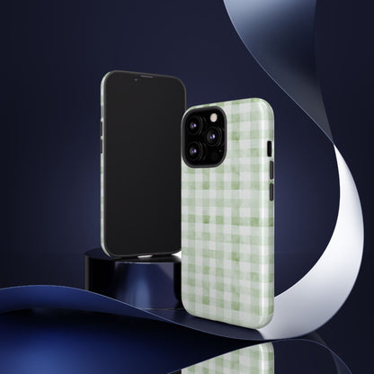 Green Gingham Tough Phone Case — Durable Plaid iPhone Protective Cover