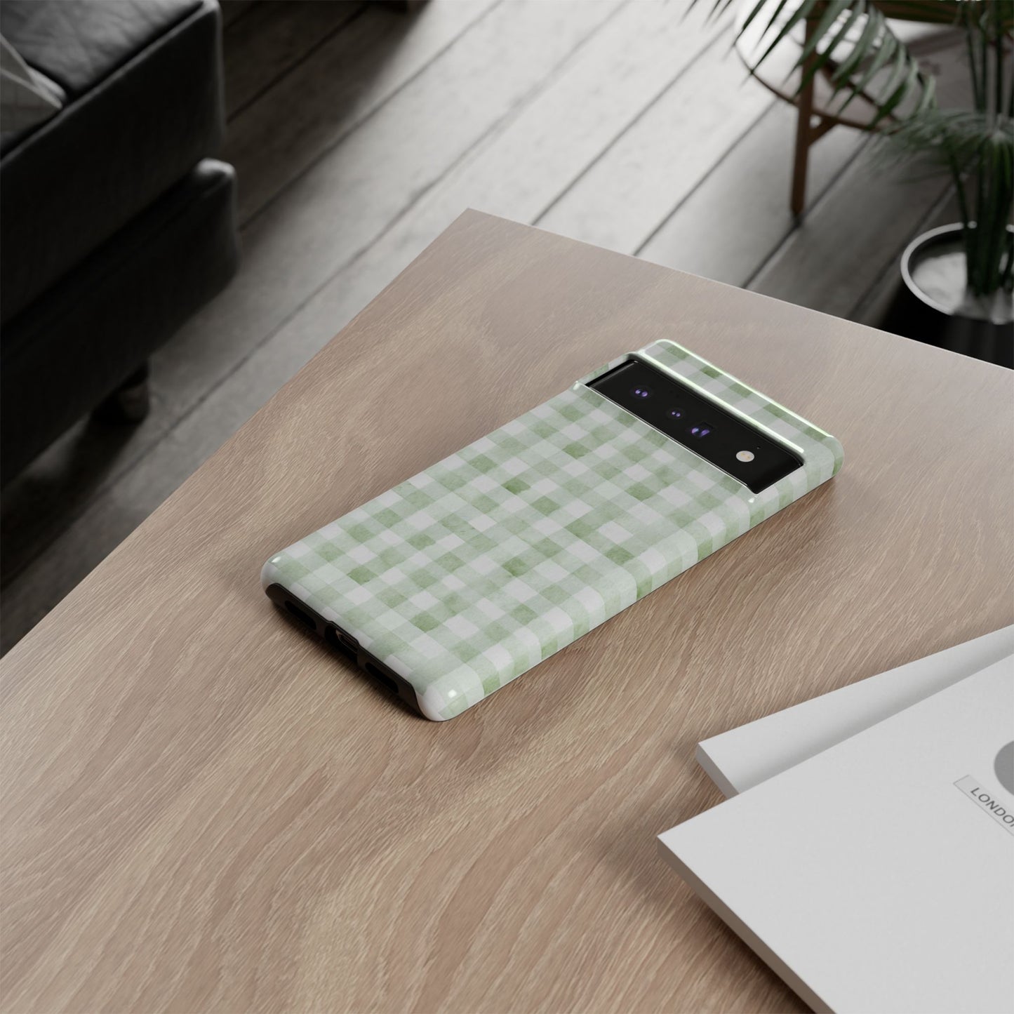 Green Gingham Tough Phone Case — Durable Plaid iPhone Protective Cover