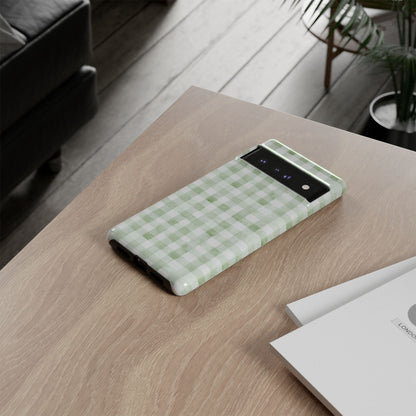 Green Gingham Tough Phone Case — Durable Plaid iPhone Protective Cover