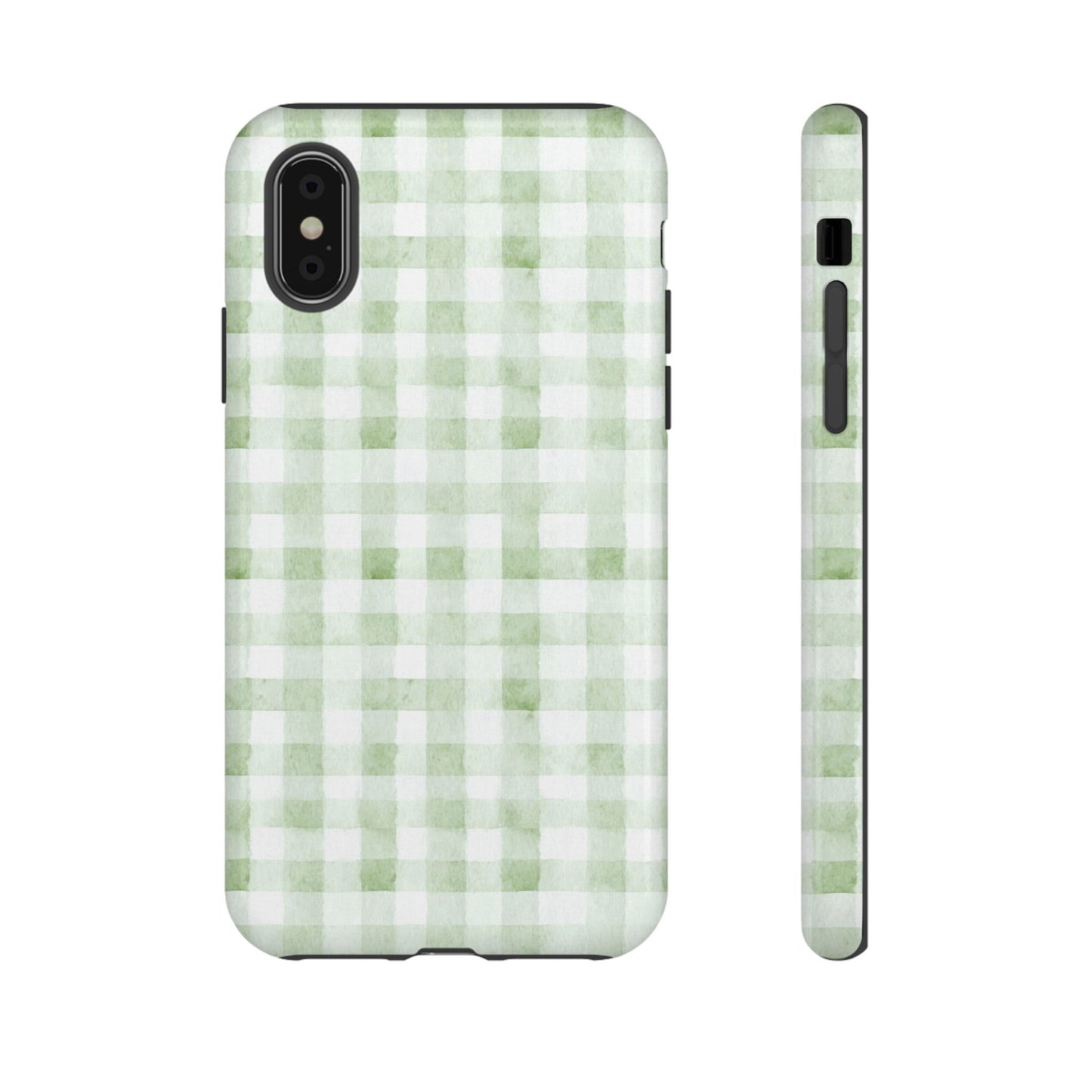 Green Gingham Tough Phone Case — Durable Plaid iPhone Protective Cover