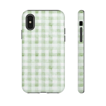 Green Gingham Tough Phone Case — Durable Plaid iPhone Protective Cover