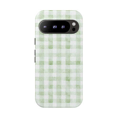 Green Gingham Tough Phone Case — Durable Plaid iPhone Protective Cover