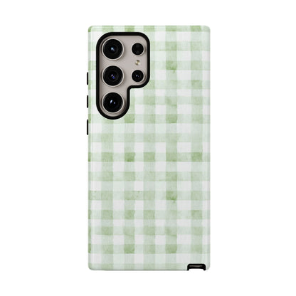 Green Gingham Tough Phone Case — Durable Plaid iPhone Protective Cover