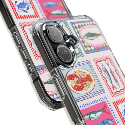 Clear Magnetic Phone Case — Colorful Coastal Seafood Stamp Design
