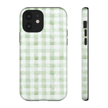 Green Gingham Tough Phone Case — Durable Plaid iPhone Protective Cover