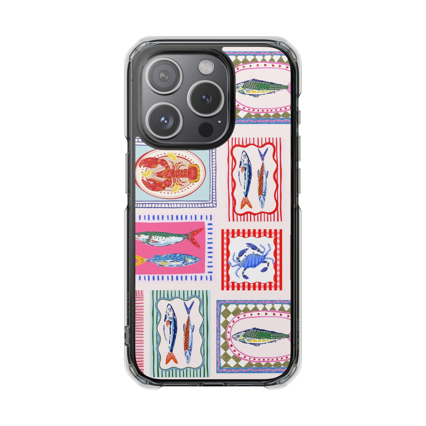 Clear Magnetic Phone Case — Colorful Coastal Seafood Stamp Design
