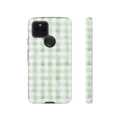 Green Gingham Tough Phone Case — Durable Plaid iPhone Protective Cover