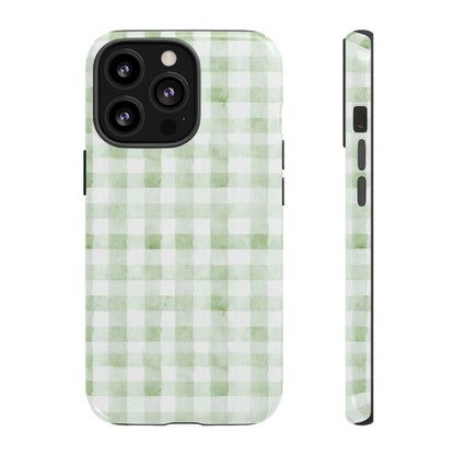 Green Gingham Tough Phone Case — Durable Plaid iPhone Protective Cover