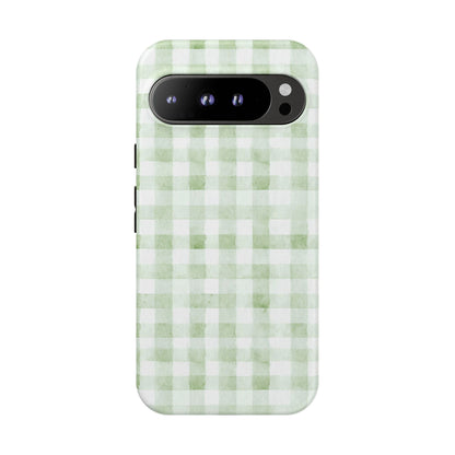 Green Gingham Tough Phone Case — Durable Plaid iPhone Protective Cover