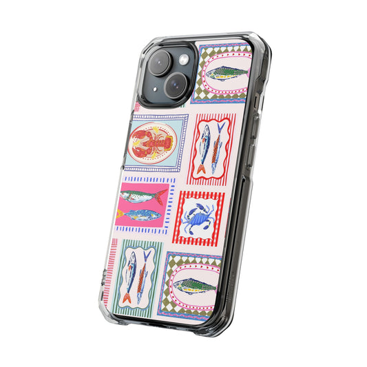 Clear Magnetic Phone Case — Colorful Coastal Seafood Stamp Design