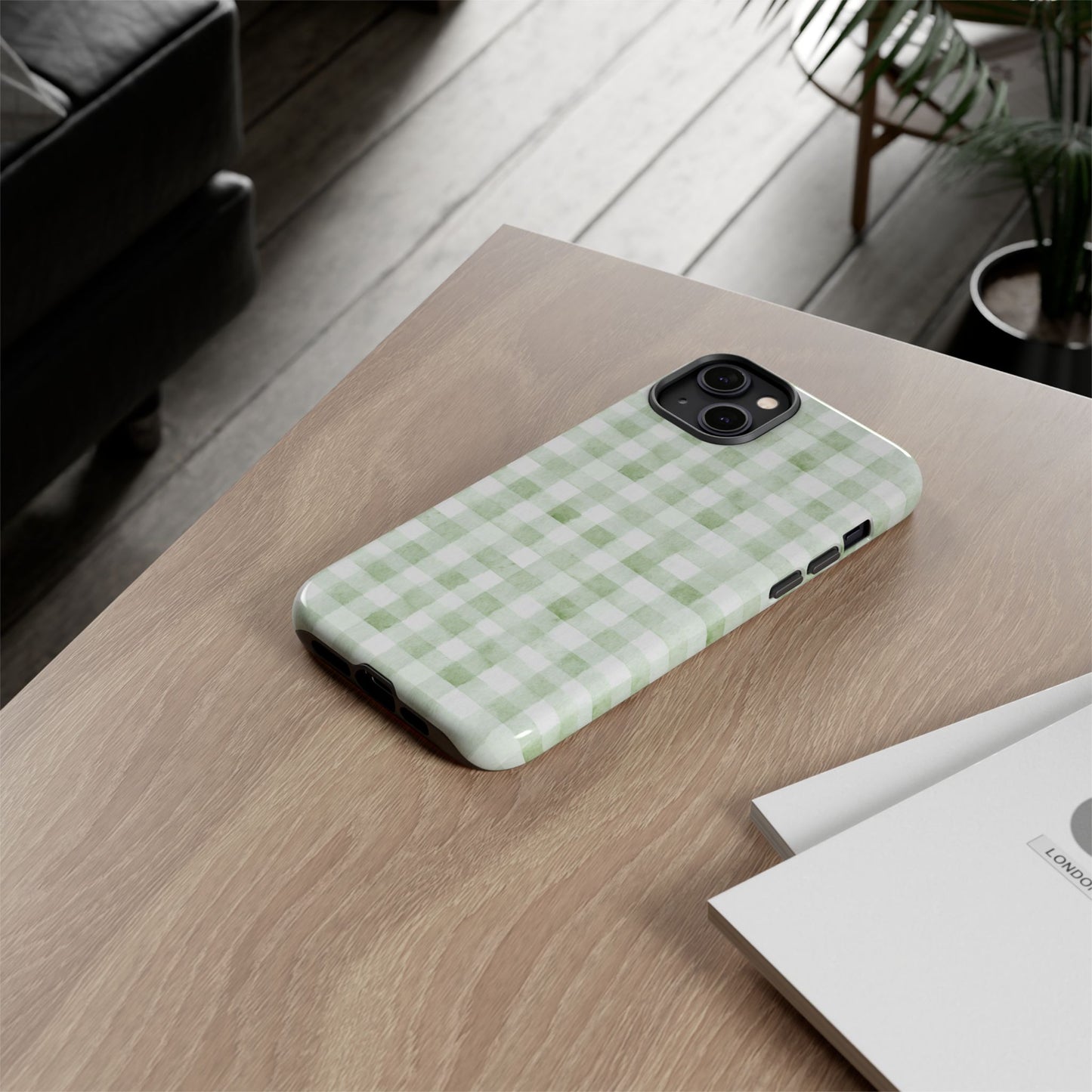 Green Gingham Tough Phone Case — Durable Plaid iPhone Protective Cover
