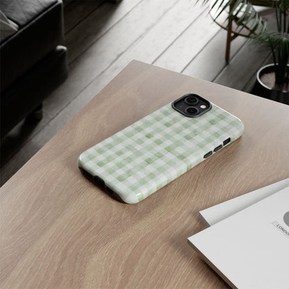 Green Gingham Tough Phone Case — Durable Plaid iPhone Protective Cover