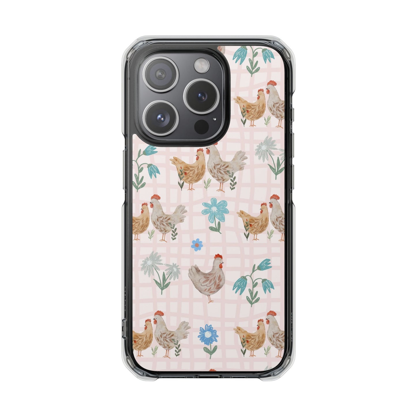 Clear Magnetic Phone Case — Pastel Farmyard Chickens Pattern