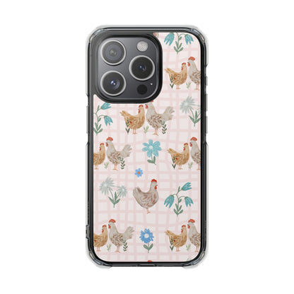 Clear Magnetic Phone Case — Pastel Farmyard Chickens Pattern