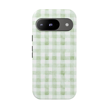 Green Gingham Tough Phone Case — Durable Plaid iPhone Protective Cover