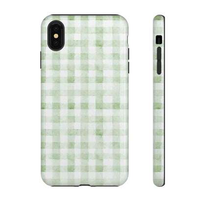 Green Gingham Tough Phone Case — Durable Plaid iPhone Protective Cover