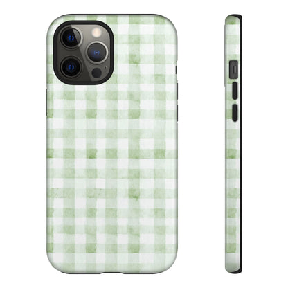 Green Gingham Tough Phone Case — Durable Plaid iPhone Protective Cover
