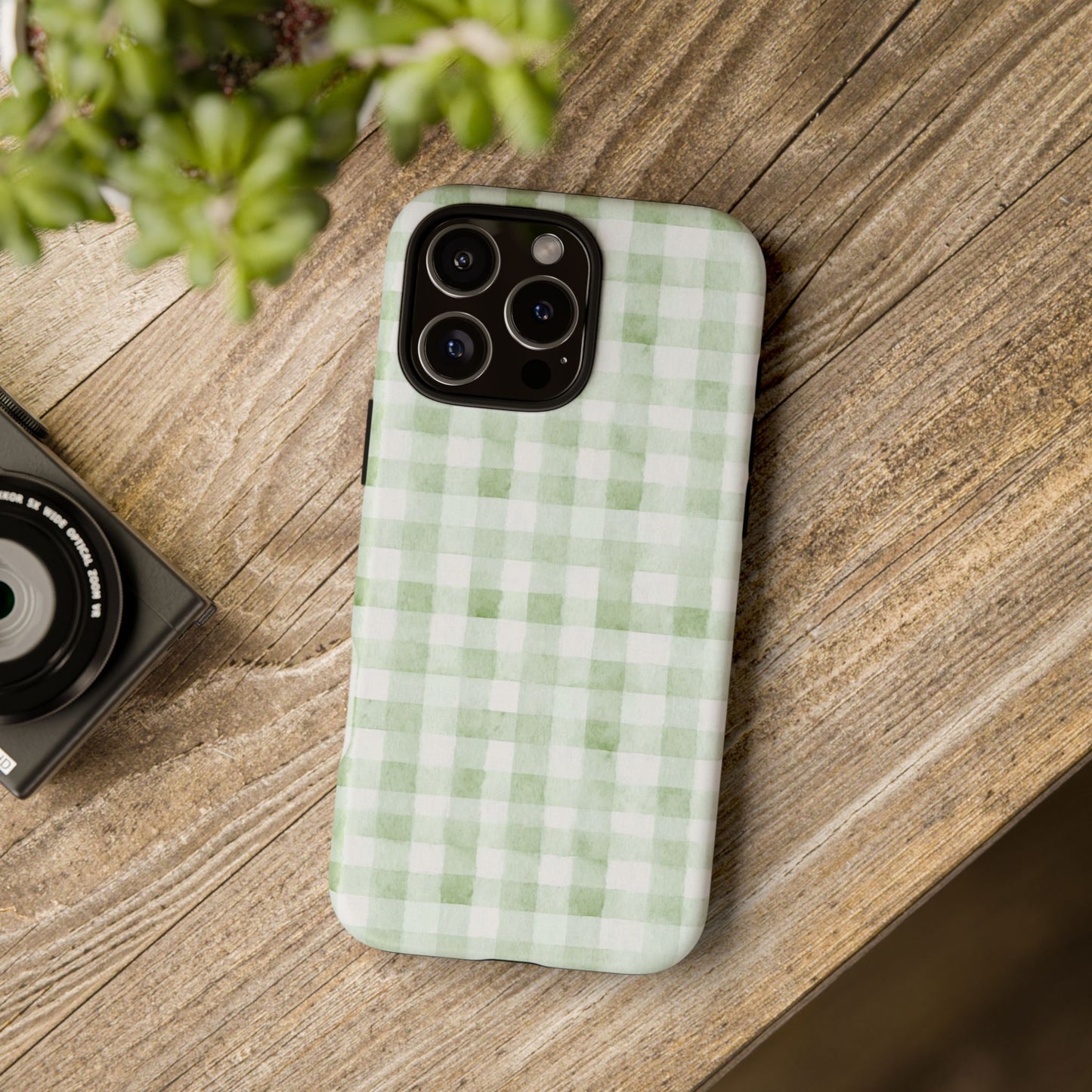 Green Gingham Tough Phone Case — Durable Plaid iPhone Protective Cover
