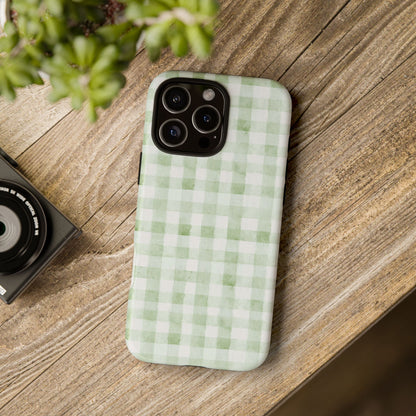Green Gingham Tough Phone Case — Durable Plaid iPhone Protective Cover