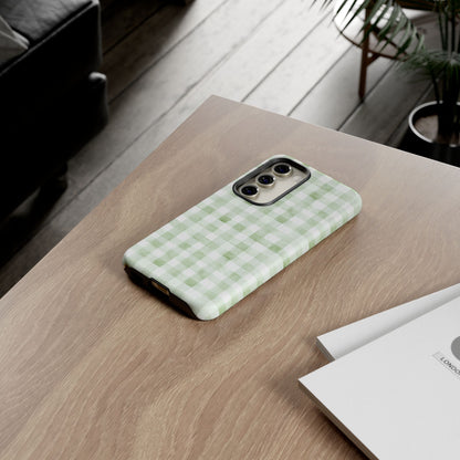 Green Gingham Tough Phone Case — Durable Plaid iPhone Protective Cover