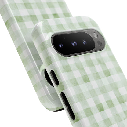 Green Gingham Tough Phone Case — Durable Plaid iPhone Protective Cover
