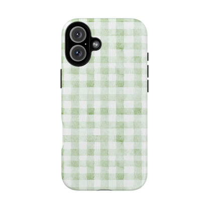 Green Gingham Tough Phone Case — Durable Plaid iPhone Protective Cover
