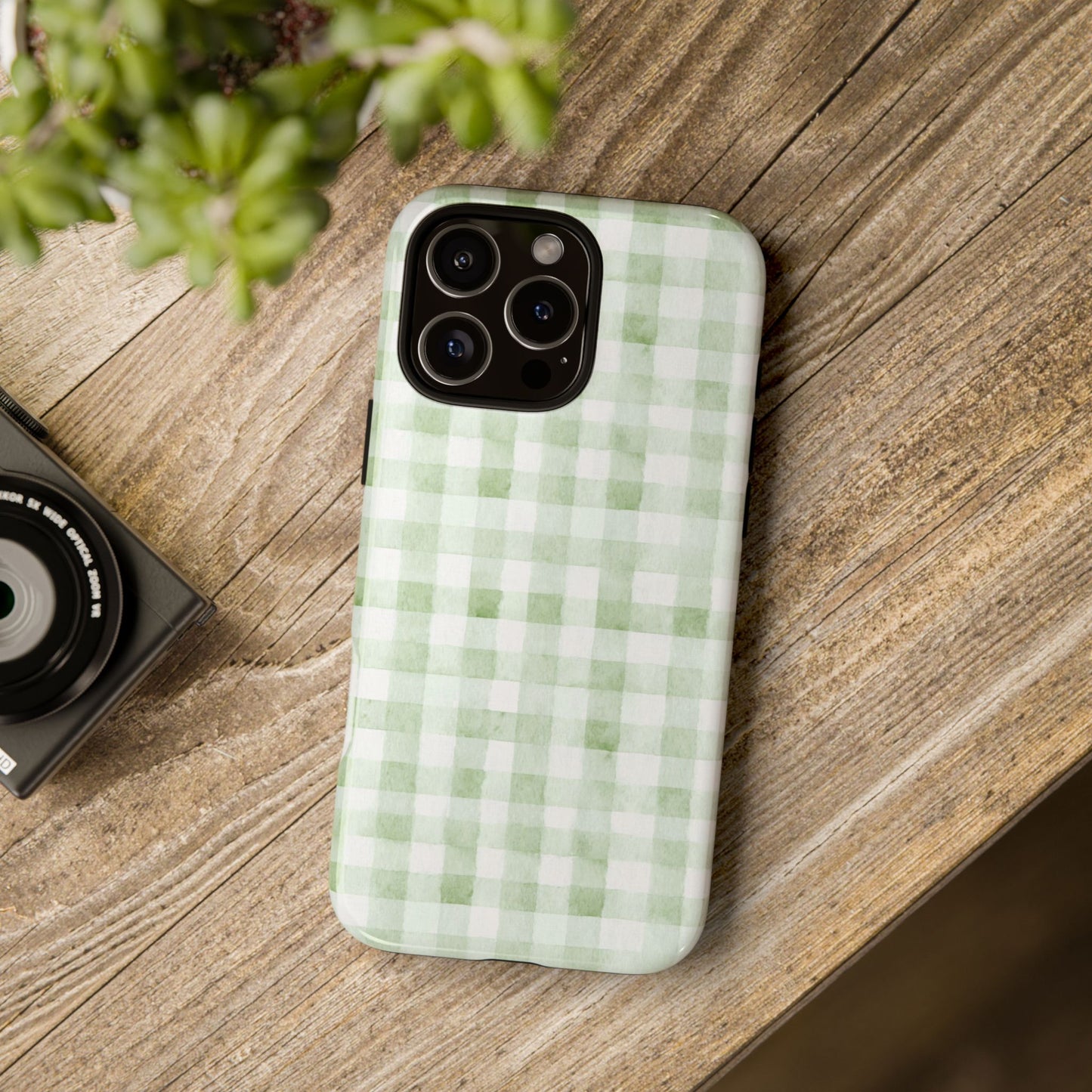 Green Gingham Tough Phone Case — Durable Plaid iPhone Protective Cover