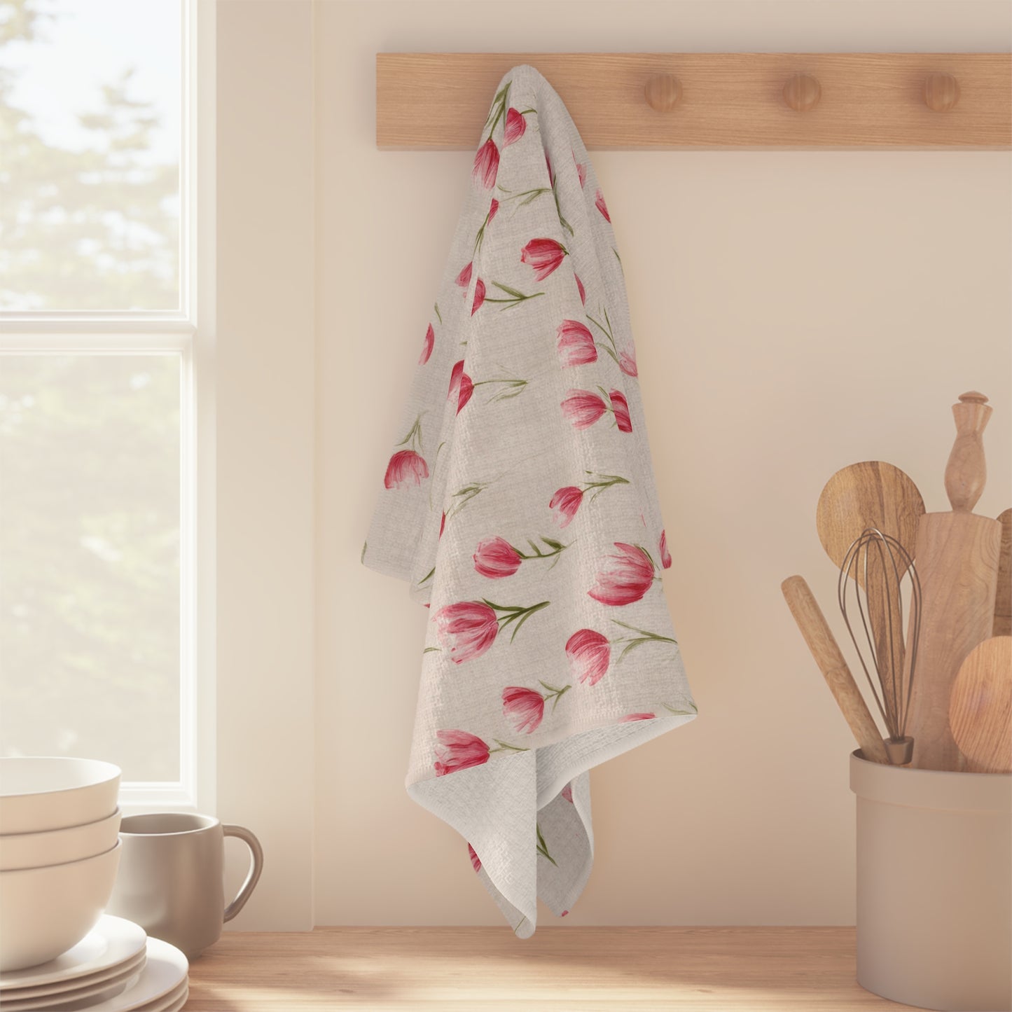 Pink Tulip Microfiber Tea Towel — Floral Kitchen Dish Towel