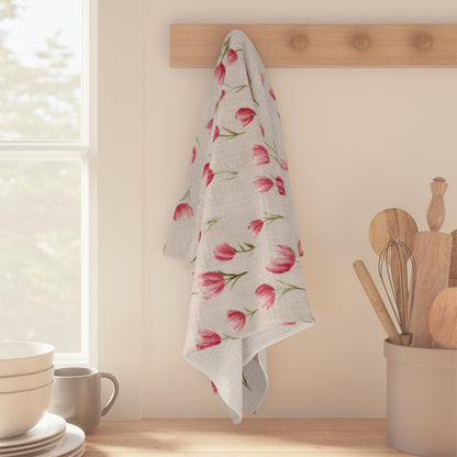 Pink Tulip Microfiber Tea Towel — Floral Kitchen Dish Towel