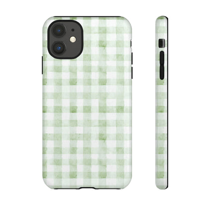 Green Gingham Tough Phone Case — Durable Plaid iPhone Protective Cover