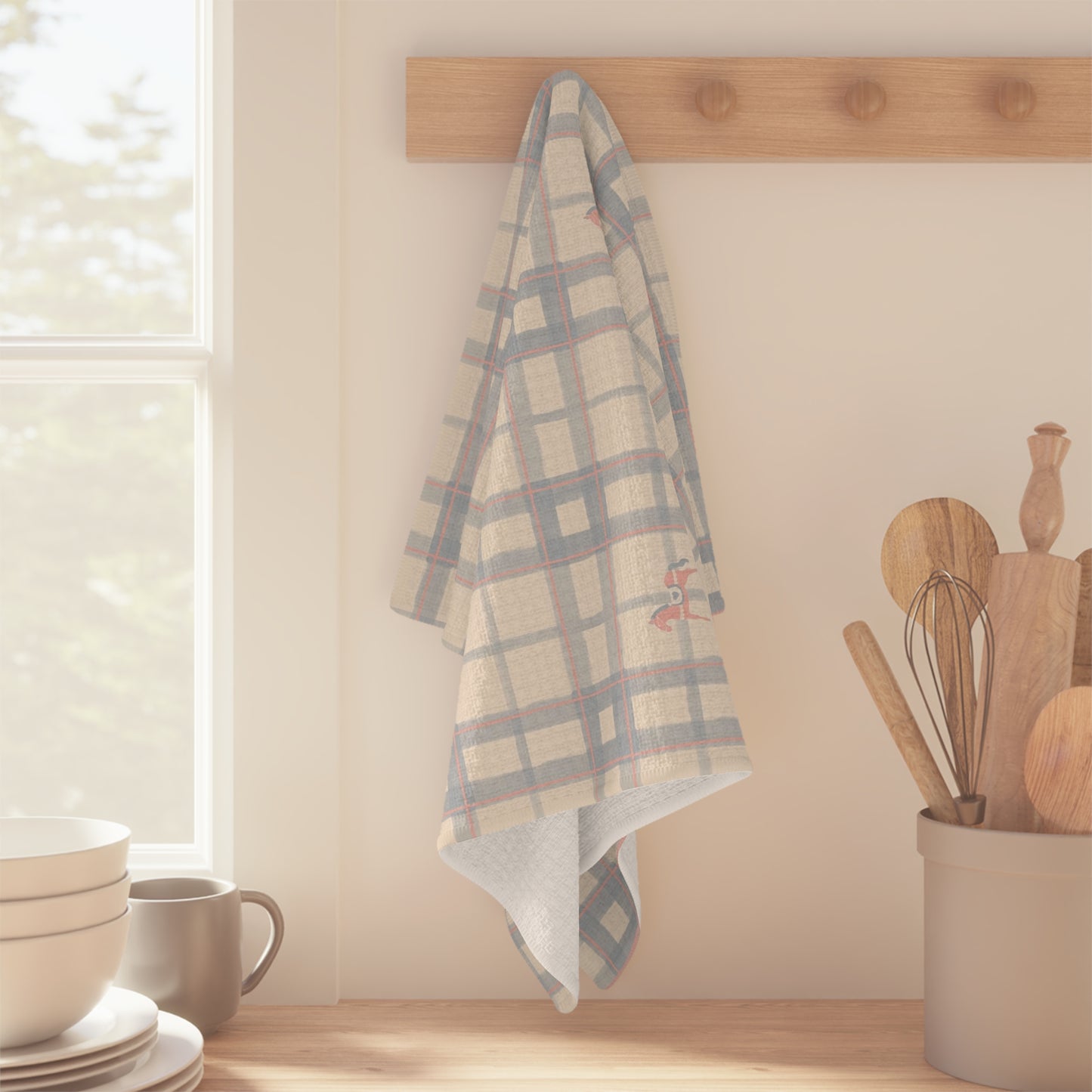 Plaid Flamingo Microfiber Tea Towel — Vintage Blue Check Kitchen Towel