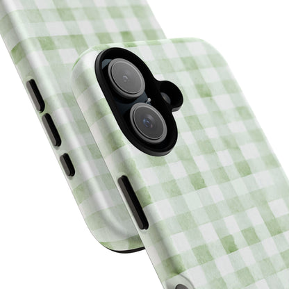 Green Gingham Tough Phone Case — Durable Plaid iPhone Protective Cover