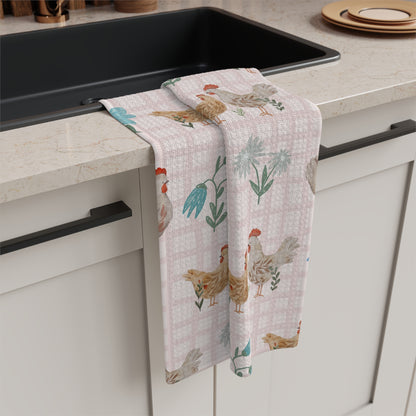 Country Chickens Microfiber Tea Towel — Farmhouse Kitchen Towel with Floral Plaid