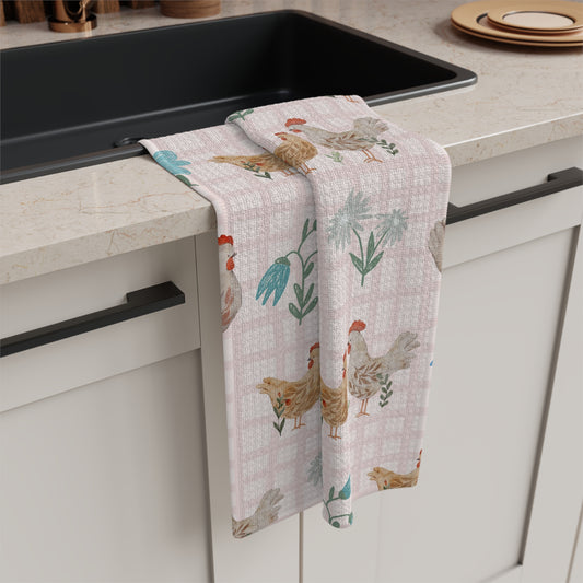 Country Chickens Microfiber Tea Towel — Farmhouse Kitchen Towel with Floral Plaid