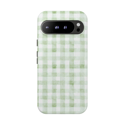 Green Gingham Tough Phone Case — Durable Plaid iPhone Protective Cover